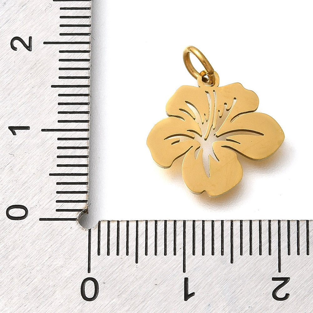 Flower charm with jump ring, gold-tone; size shown on ruler (about 14 mm)