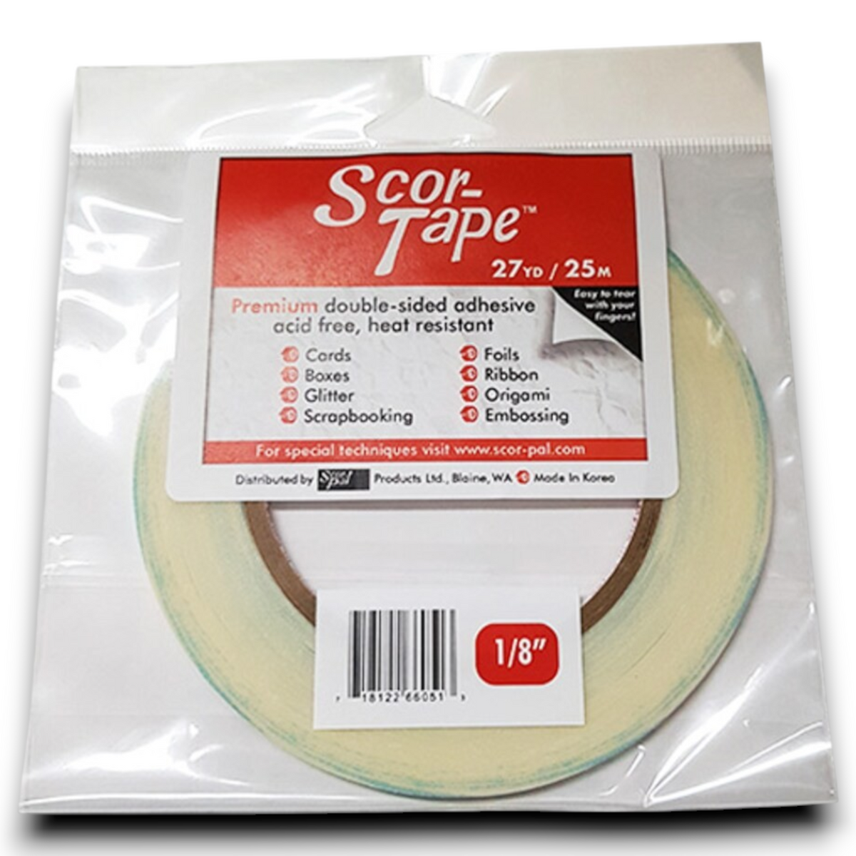 1/8" double-sided adhesive tape roll, clear package wrap with label