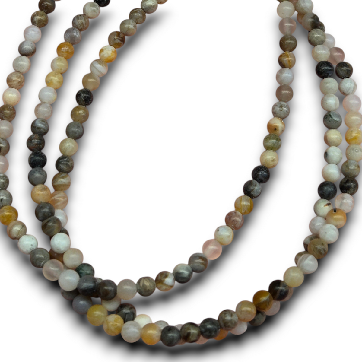 Matte round agate bead necklace strand with multicolor green, cream, and black beads