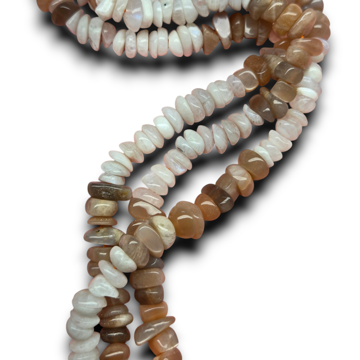 Multicolor moonstone beads, ombre smooth freeform chip strands, 10mm, close-up