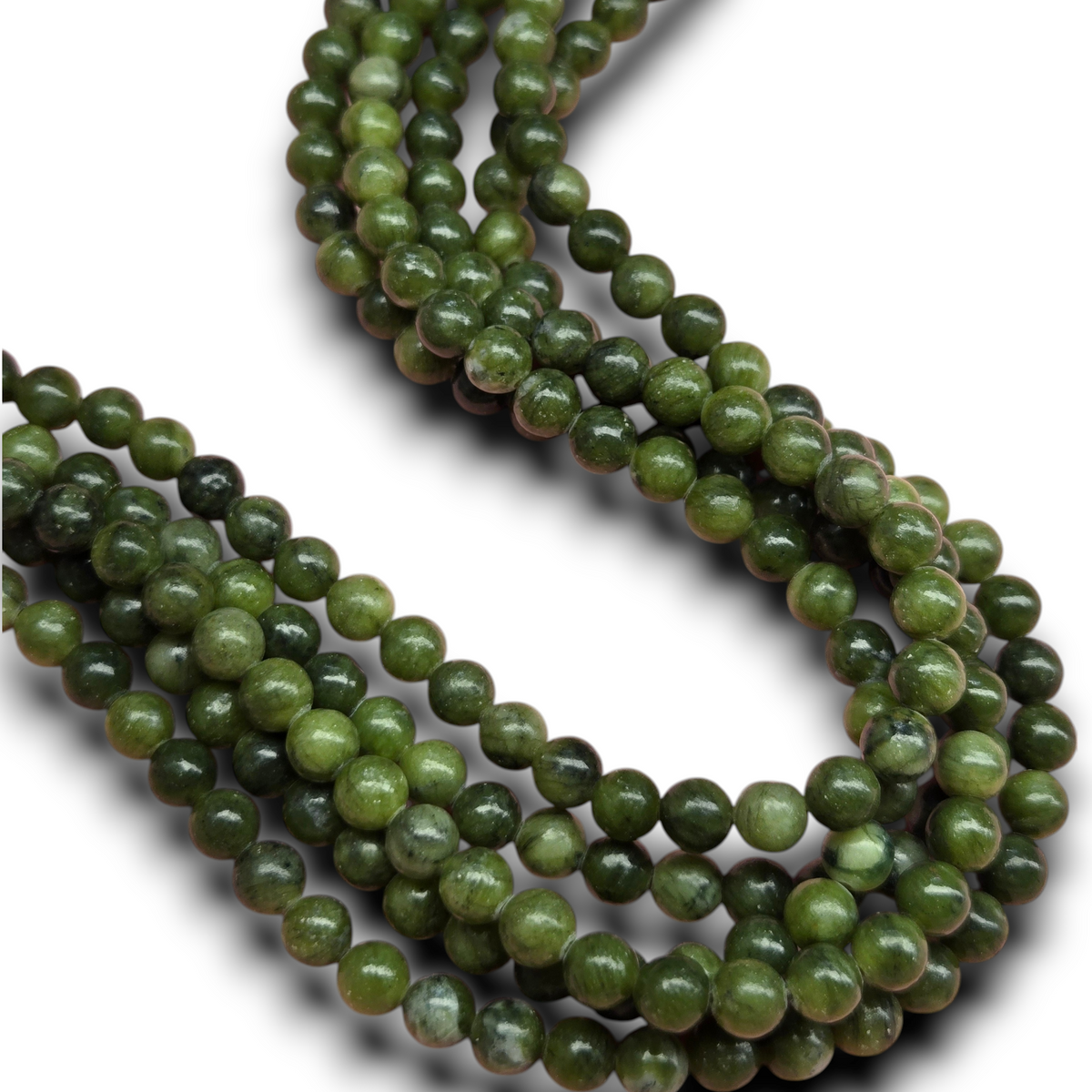 6.5mm smooth round olivine jade beads strand, mixed green tones