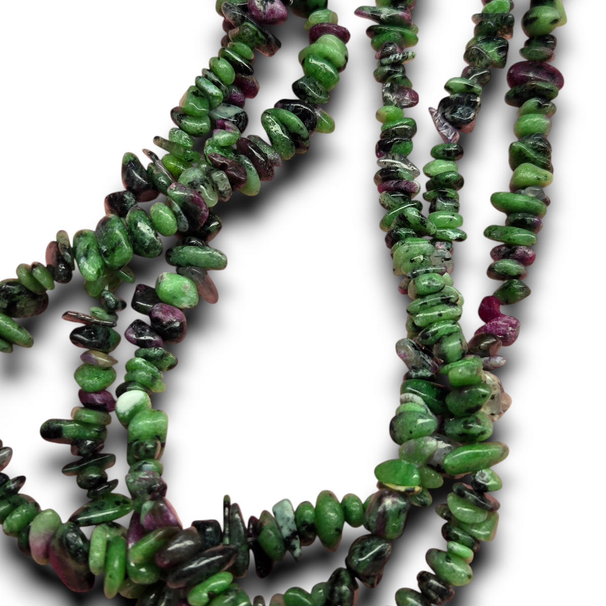 Ruby zoisite freeform chip bead strand, green and dark purple stones