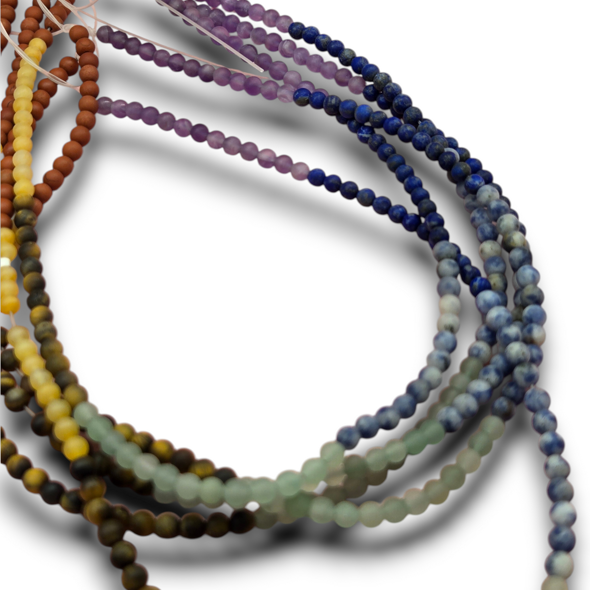 Matte round stone bead strands, mixed blue purple green brown tones, 4.5mm each