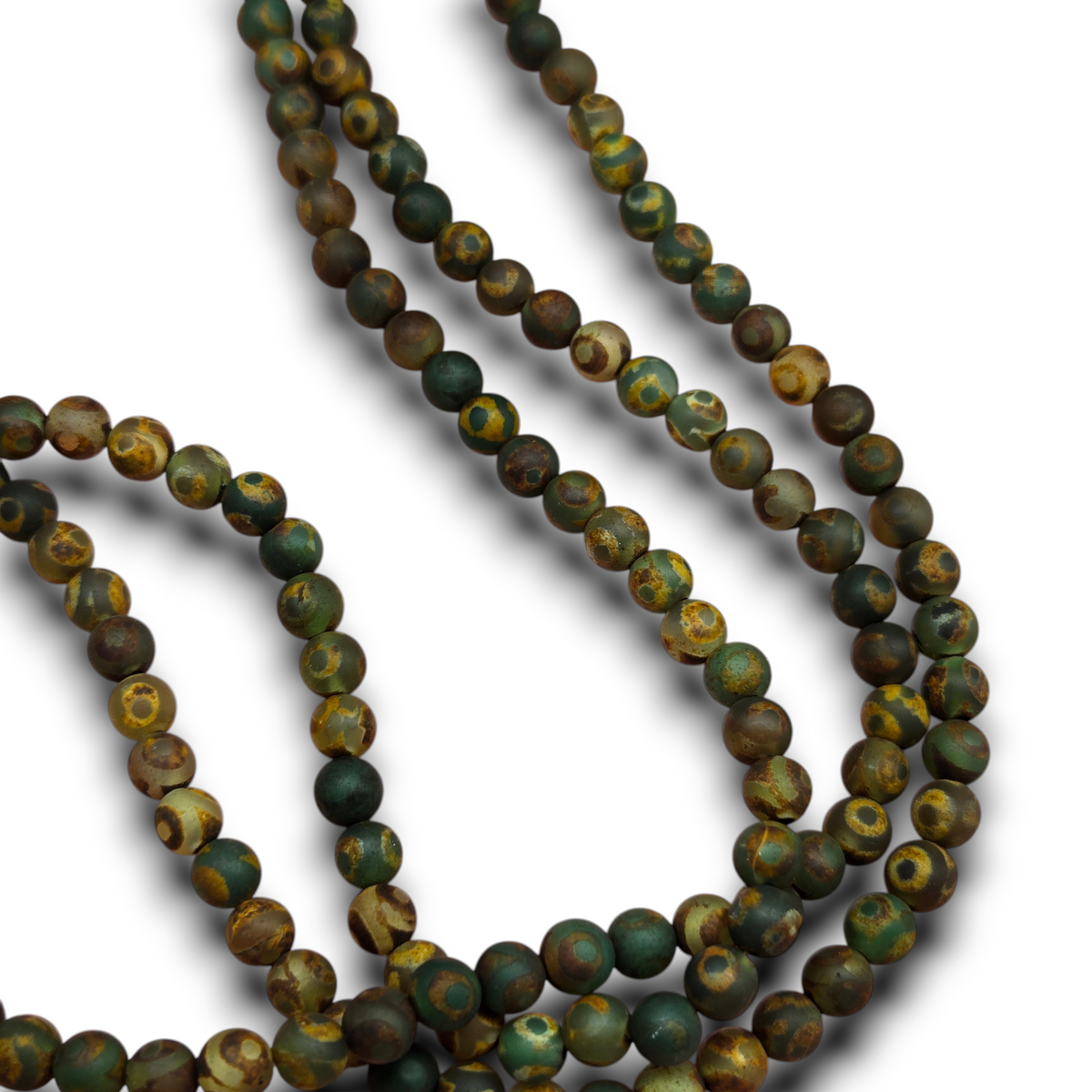Round matte agate beads, green and brown with golden speckles, 6mm.