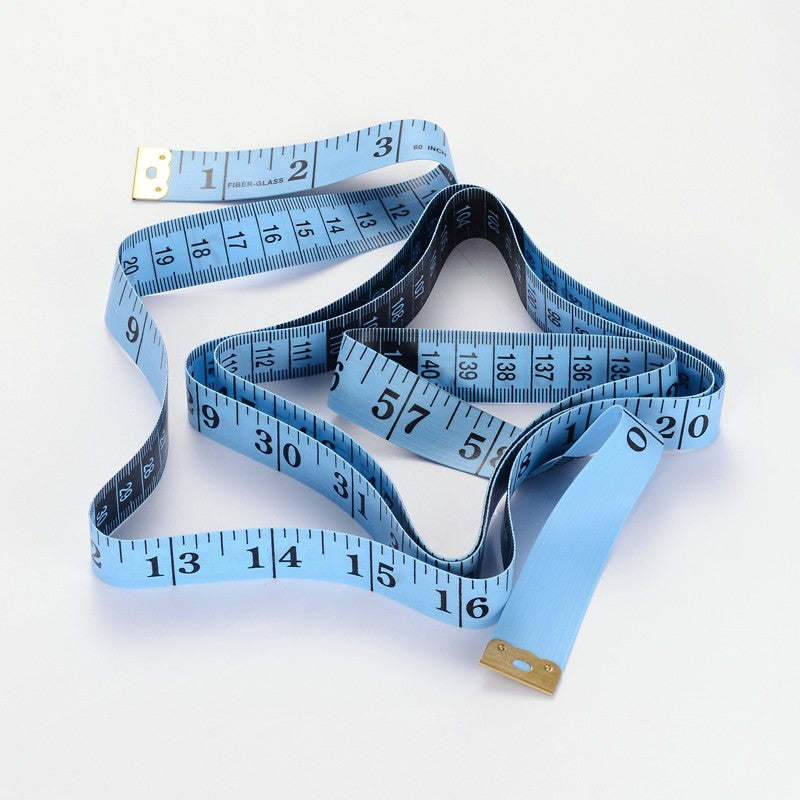 Blue retractable tape measure with looped tape and inch measurement marks