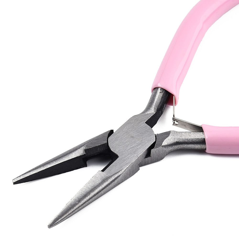 Long-nose jewelry pliers with pink handles and pointed steel tips