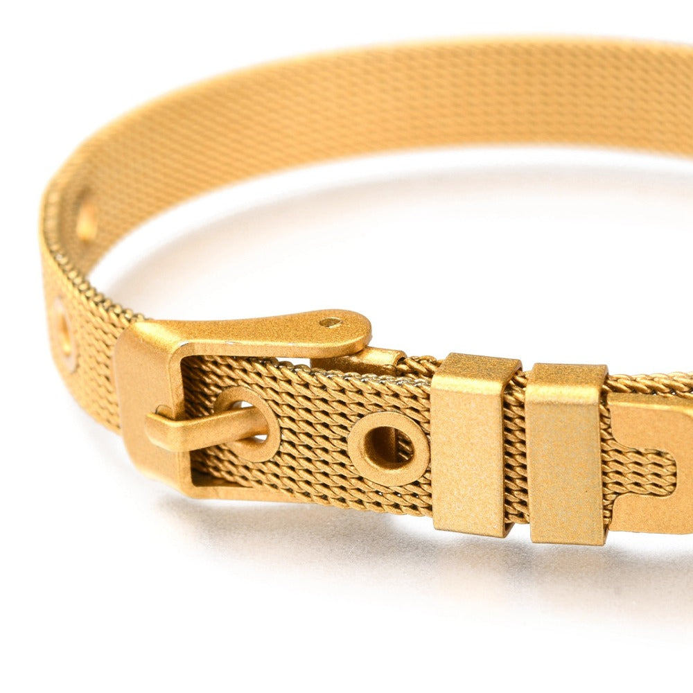 Gold-plated mesh watch band with buckle clasp and slider bar detail