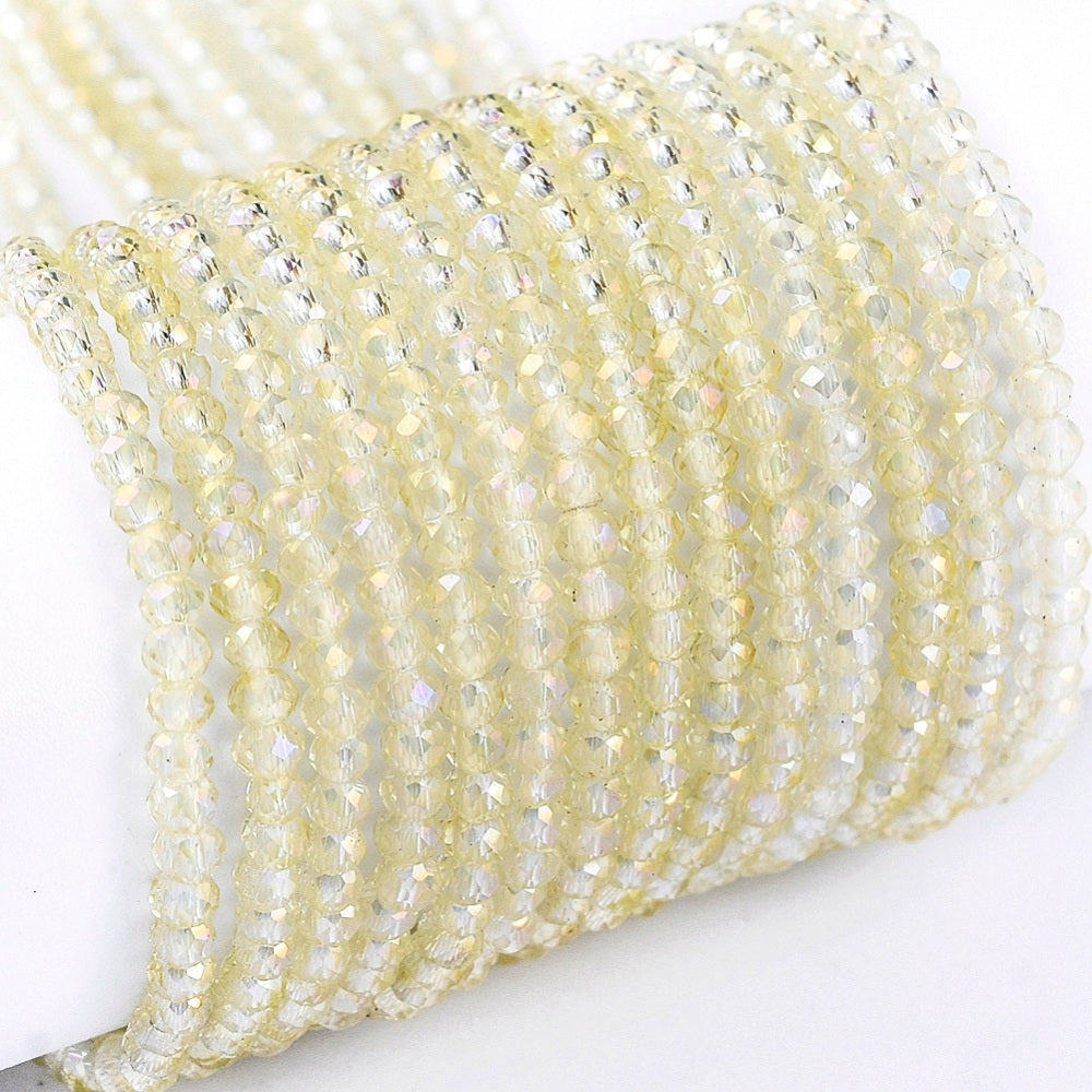 Champagne yellow faceted glass rondelle beads, electroplated, close-up strand