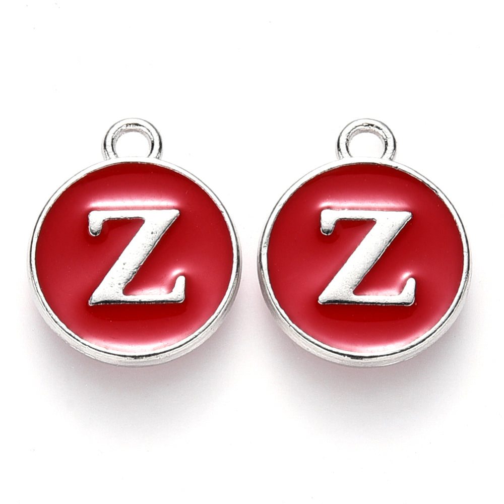 Round red enamel letter Z charm with silver-tone border and hanging loop