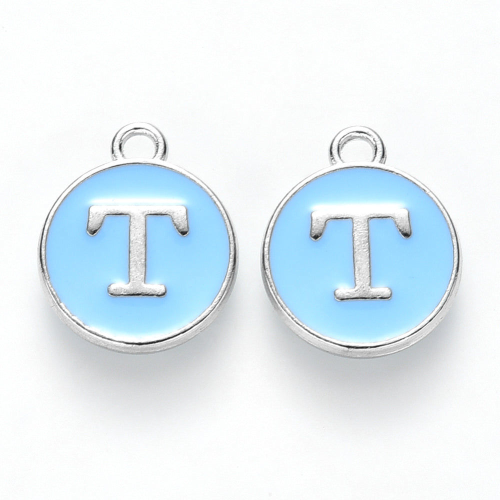 Enamel letter T charm, round blue enamel with silver-tone rim and hanging loop
