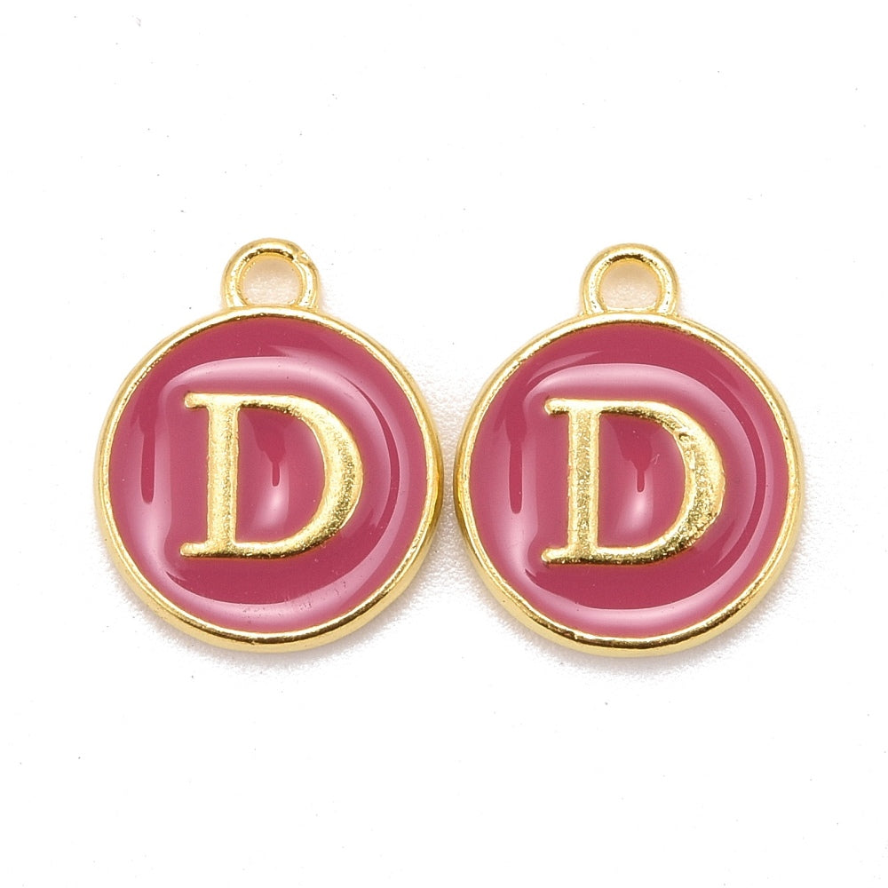 Gold-plated enamel letter D charm, flat round pink camellia with hanging loop