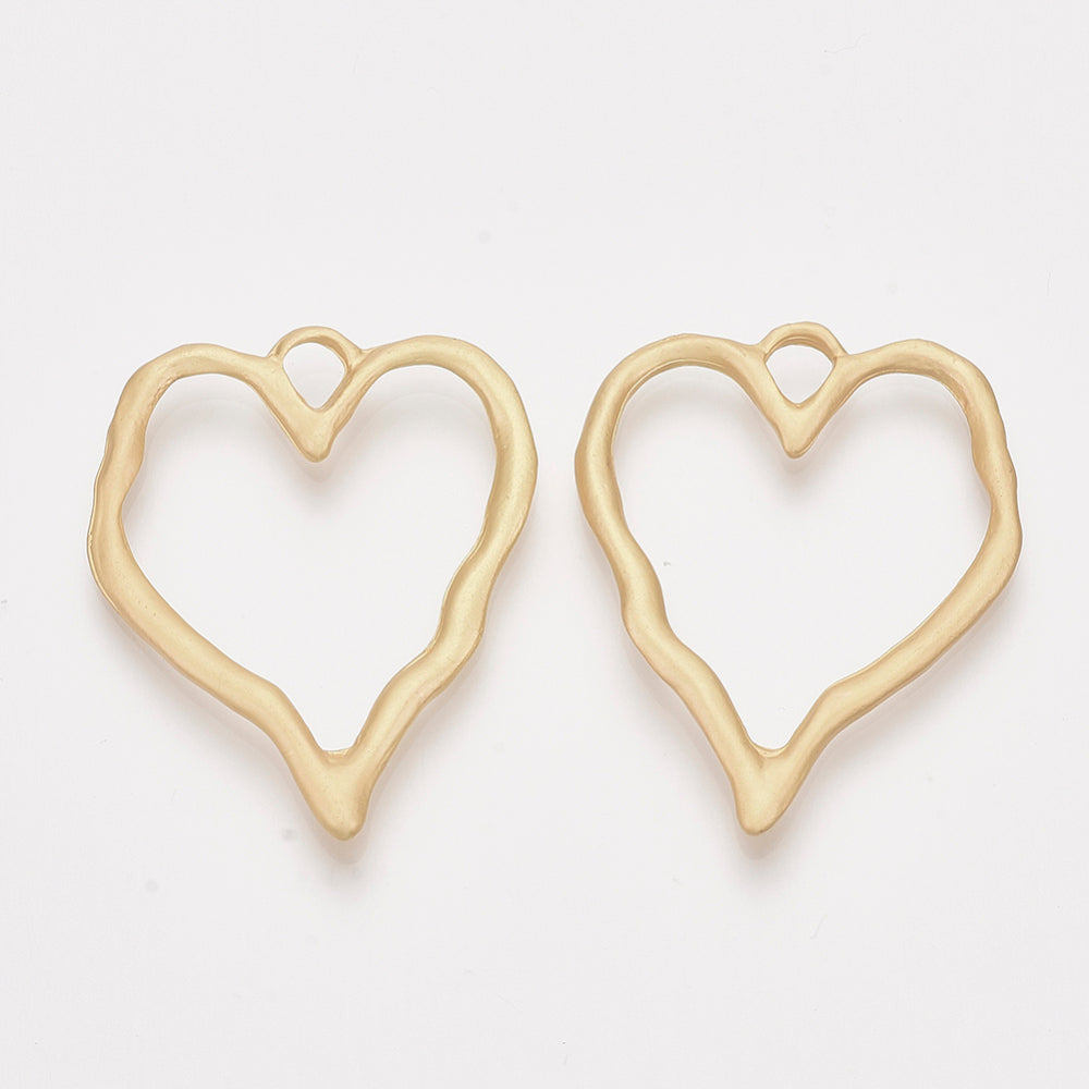 Matte gold heart open-back bezel pendant, two pieces with loop tops
