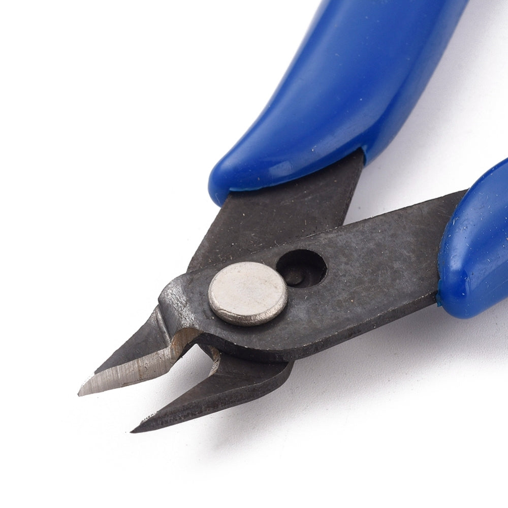 Side cutting nippers close-up with blue grips and pointed jaws