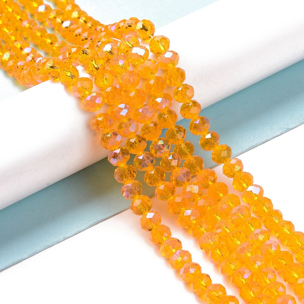 Faceted glass rondelle beads strand, golden-orange with metallic sheen, curved chain