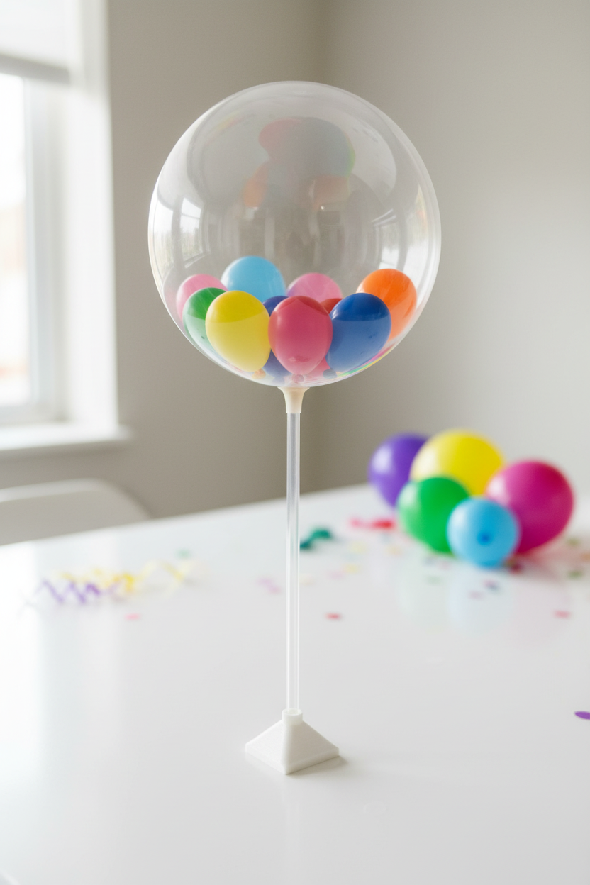 Plastic round balloon straw holder with clear balloon, colorful balloons inside, and white stand
