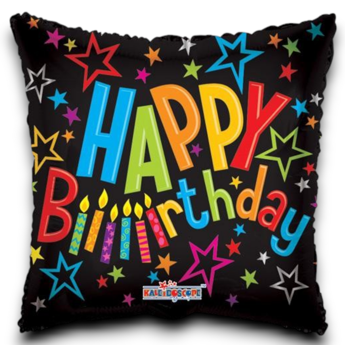 Happy Birthday foil balloon with colorful stars and candle design on dark background