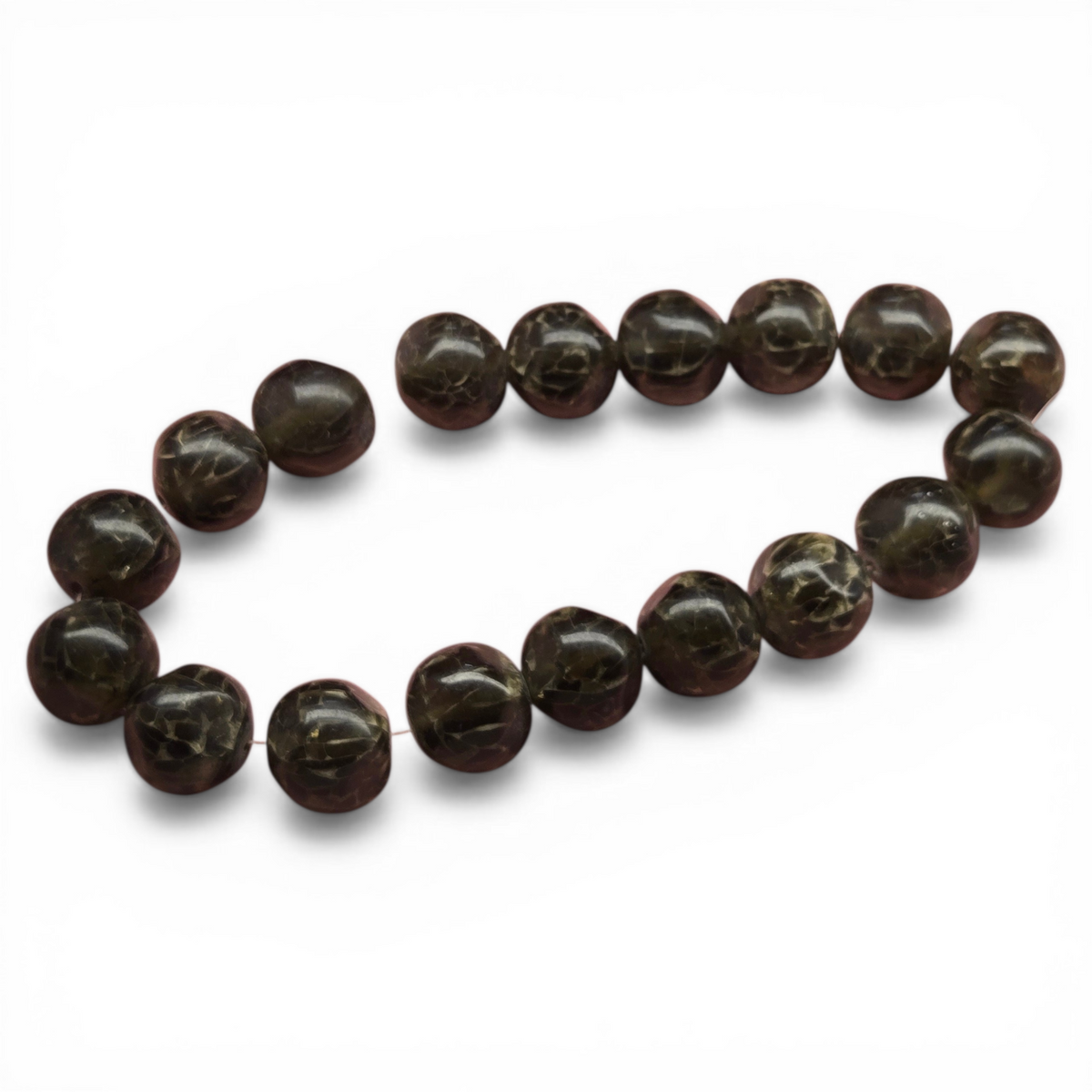Dark olive green crackle resin nugget round bead strand, 24mm beads