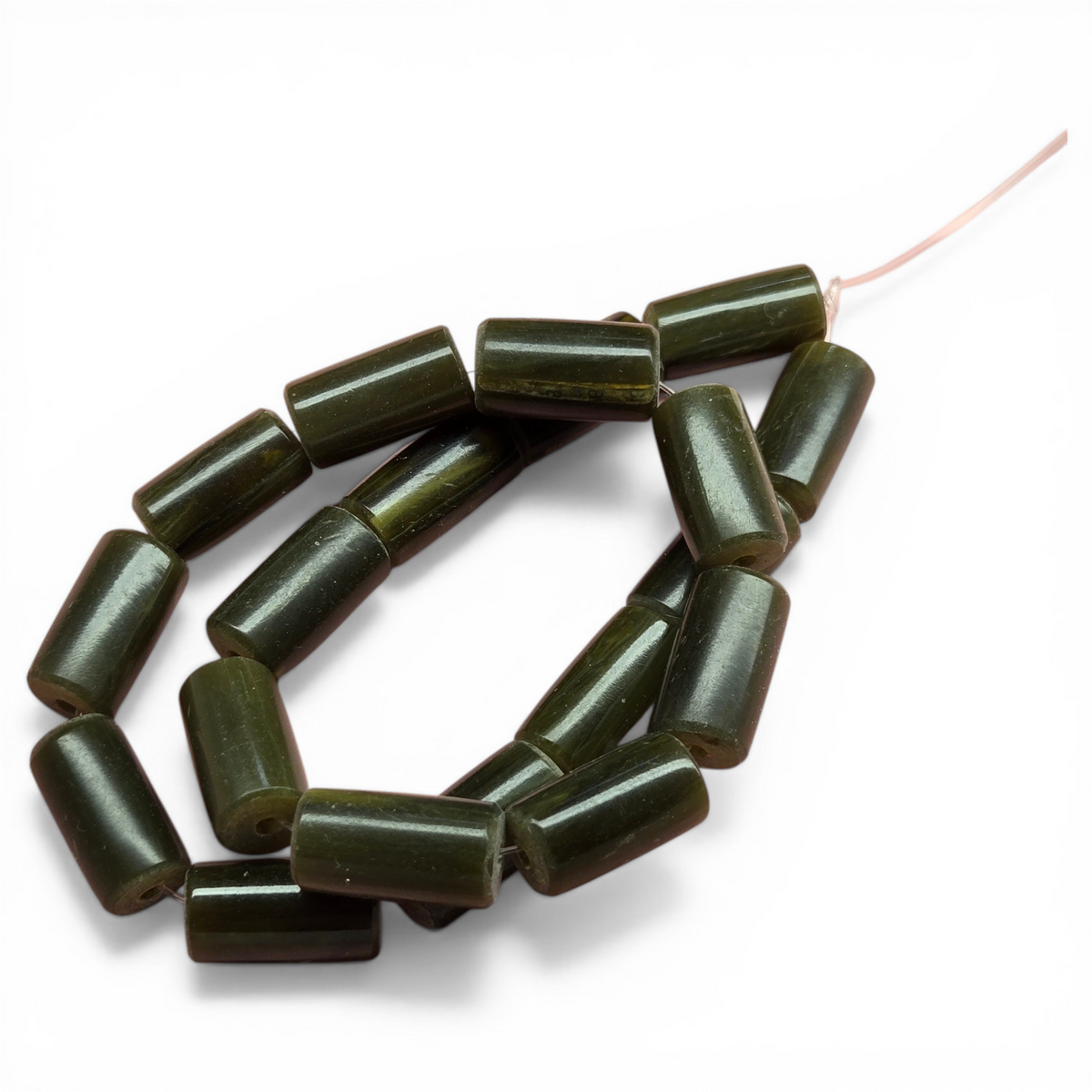 Dark olive green vintage resin tube beads on a strand, glossy cylindrical shapes