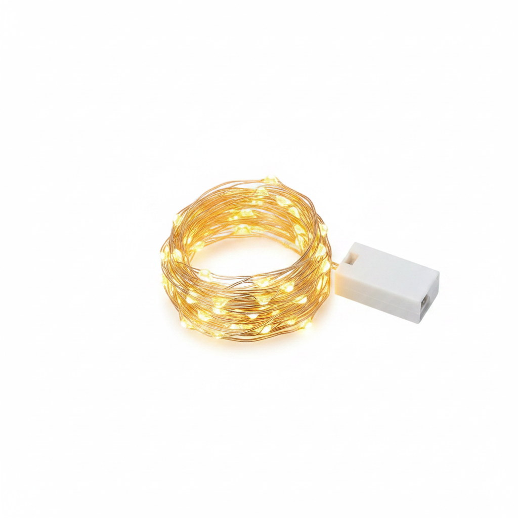 Battery-operated fairy light string with warm white LEDs and white battery pack