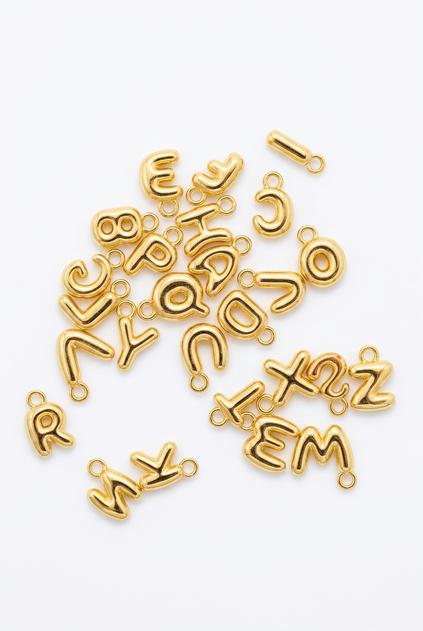 Gold-tone alphabet letter charms with small loops, assorted letters