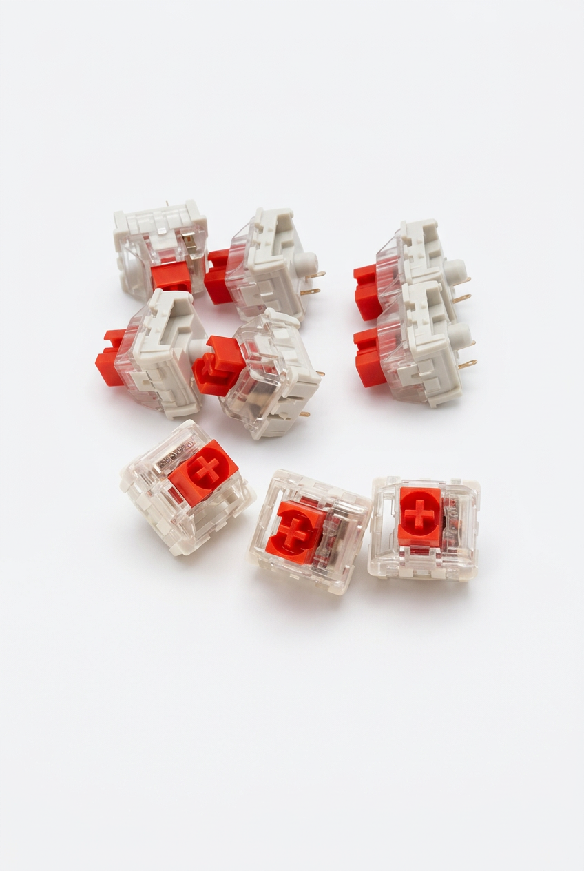 Clear square clicker switches with red cross keycaps and transparent housing