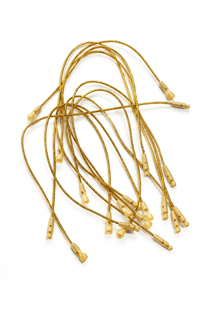 Gold tag string fasteners set, 10-pack with small loop ends and spring clips