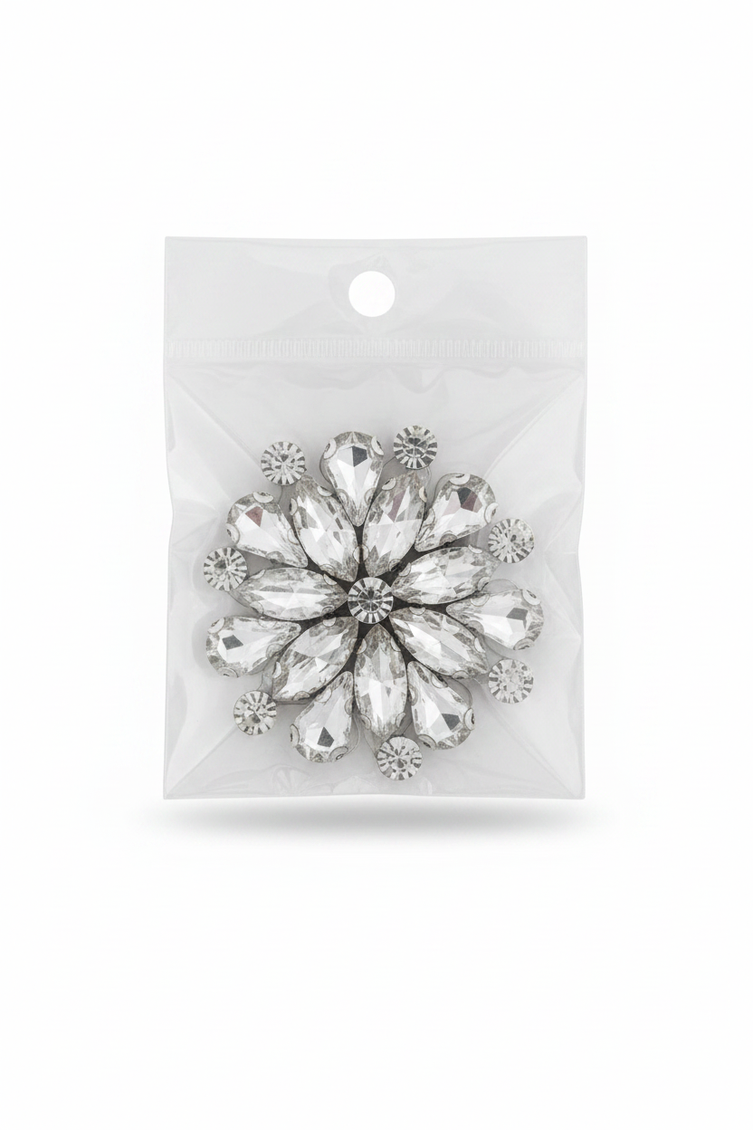 Silver rhinestone flower glass applique with faceted crystal petals