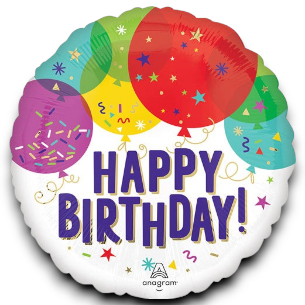 Happy Birthday foil balloon, round white with colorful text, stars, and party icons