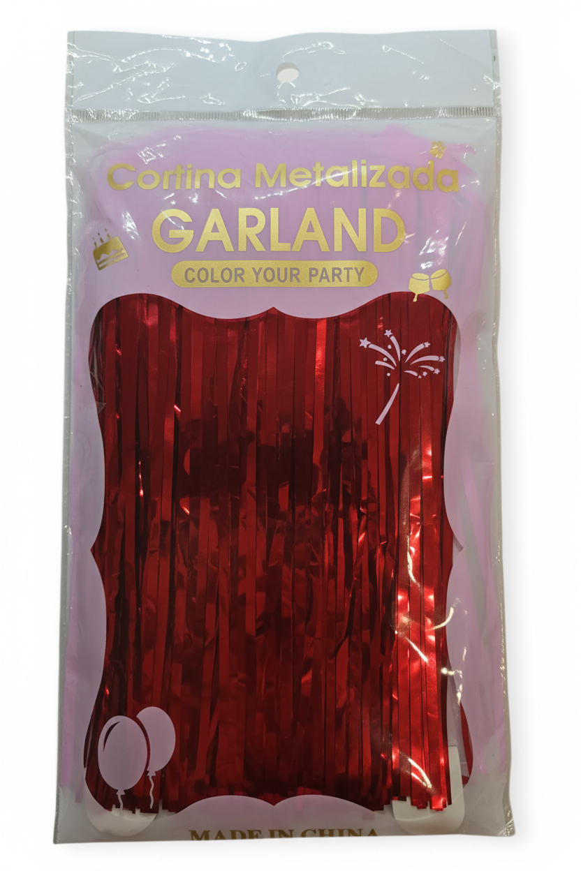 Red metallic foil fringe curtain with hanging vertical tinsel strips for party decoration