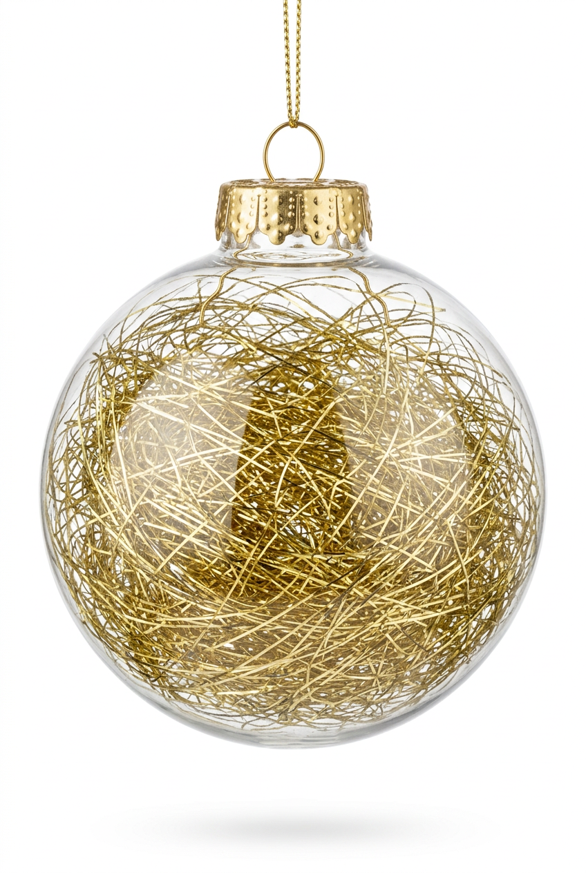 4-inch clear Christmas ball ornament with gold tinsel, hanging gold cap and loop