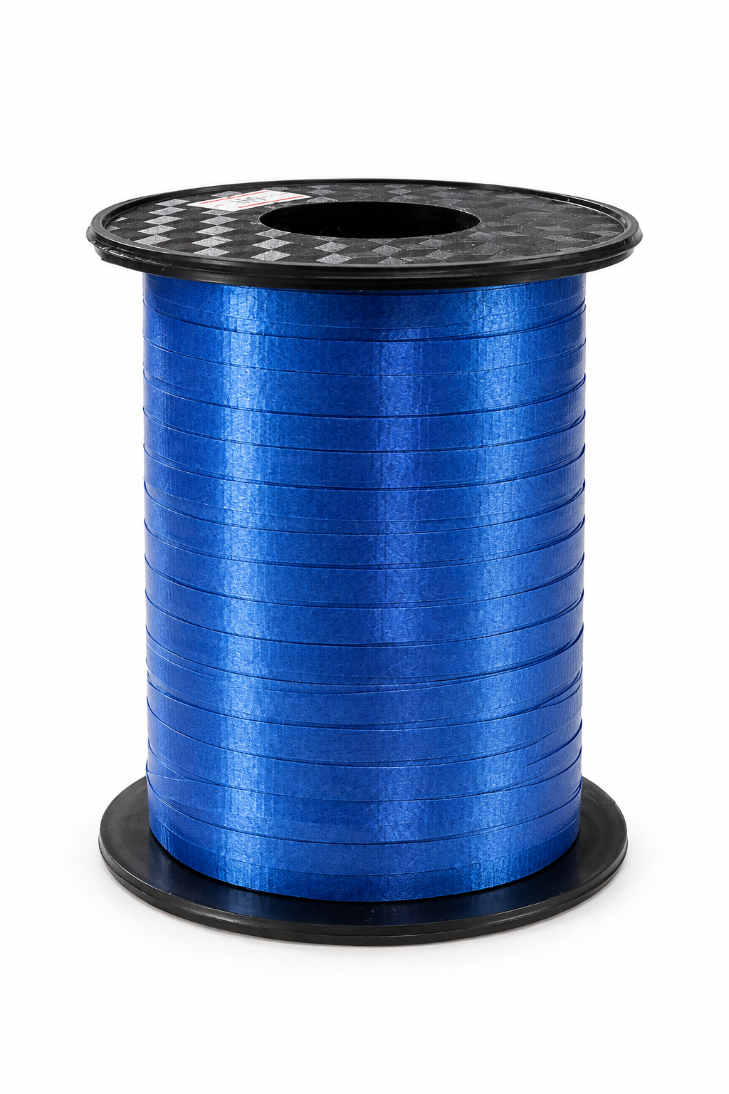 Blue curling ribbon roll with black spool, satin-like ribbon tightly wound