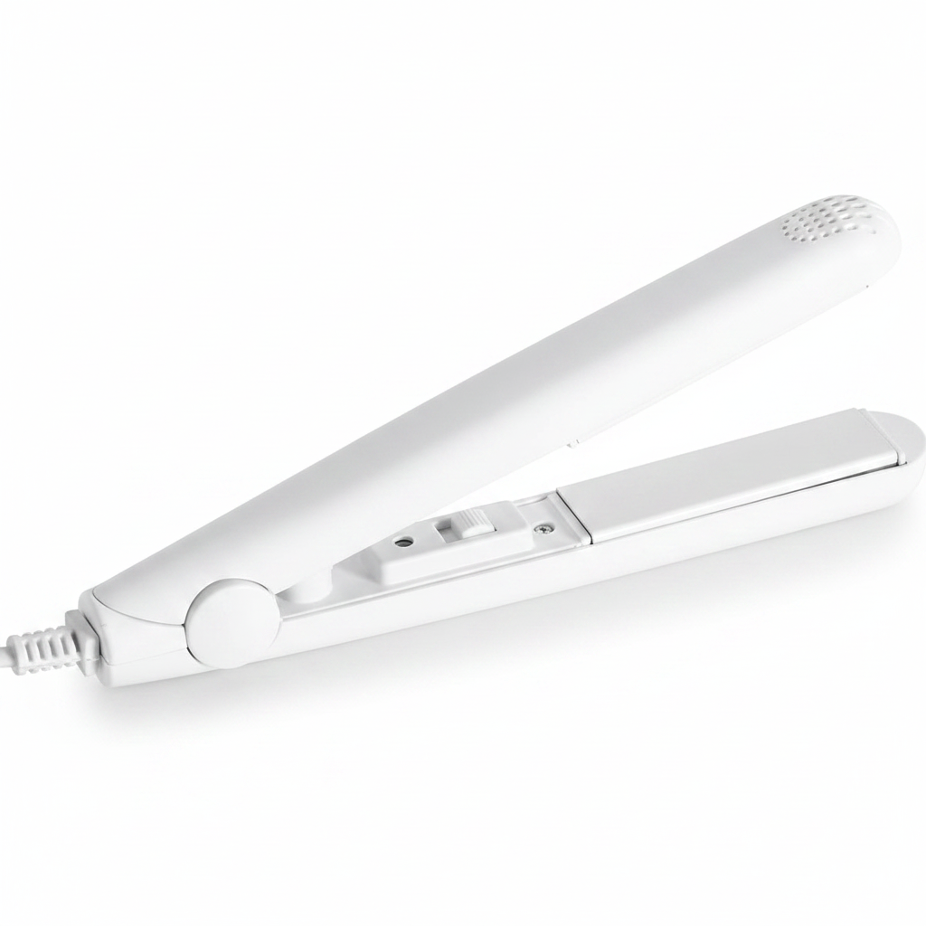 White mini flat iron heat sealer with cord, vented top and metal sealing plate