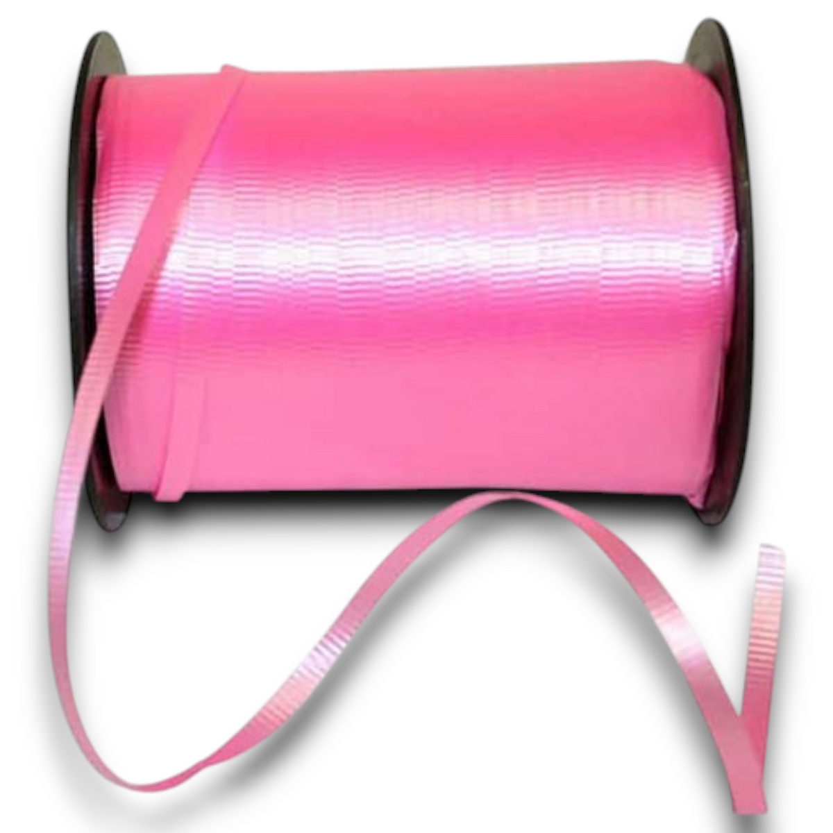 Pink curling ribbon on spool with satin-like finish