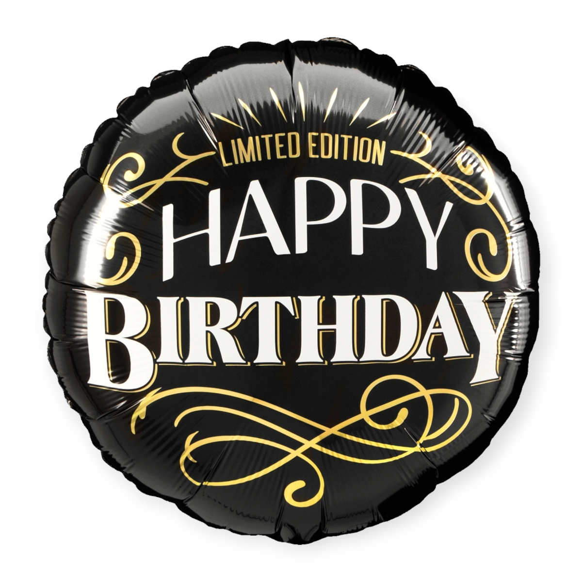 Happy Birthday foil balloon with gold and silver lettering and black background