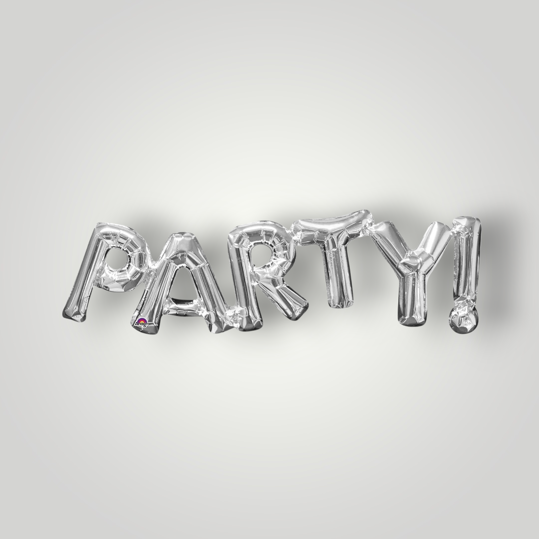 Silver foil anagram balloon reading PARTY!