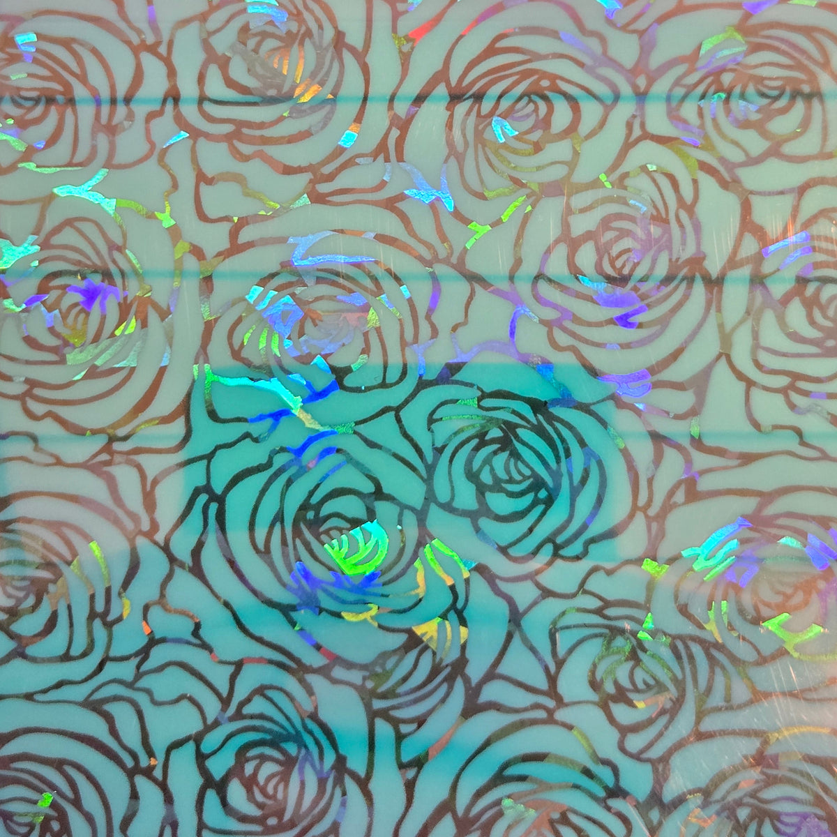 Iridescent floral print metallic permanent vinyl sheet, rose pattern, holographic shine