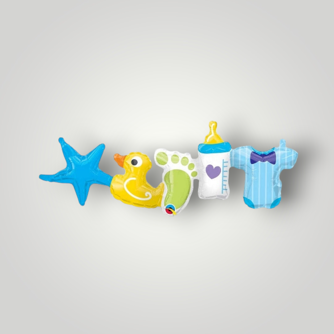 Mylar baby boy garland with blue star, fish, heart and baby bodysuit foil balloons