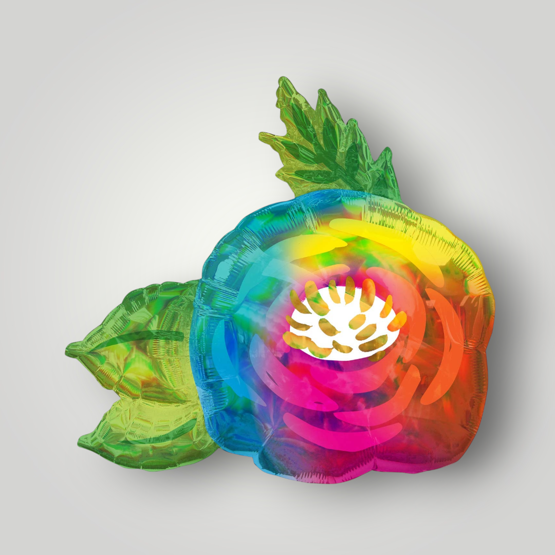 Multicolor foil flower balloon, layered petal design with rainbow tones, 30 in