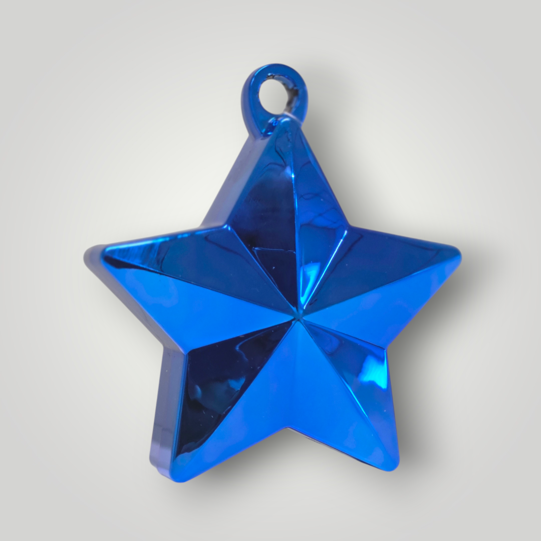 Metallic star balloon weight with hanging loop, blue finish