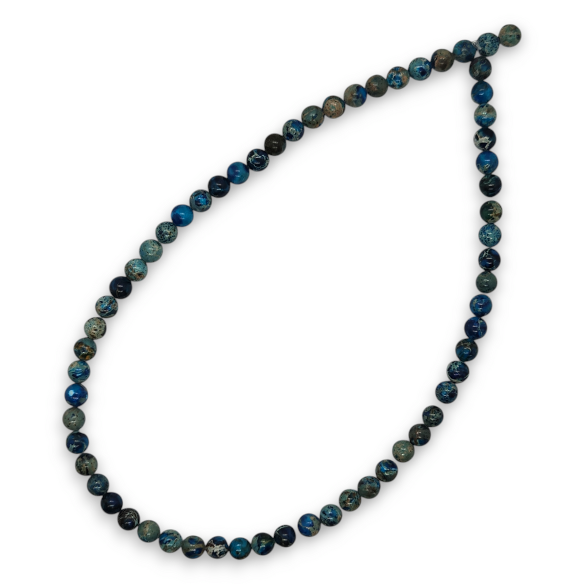 Round natural stone bead strand, dark blue and green speckled 6mm beads in loop