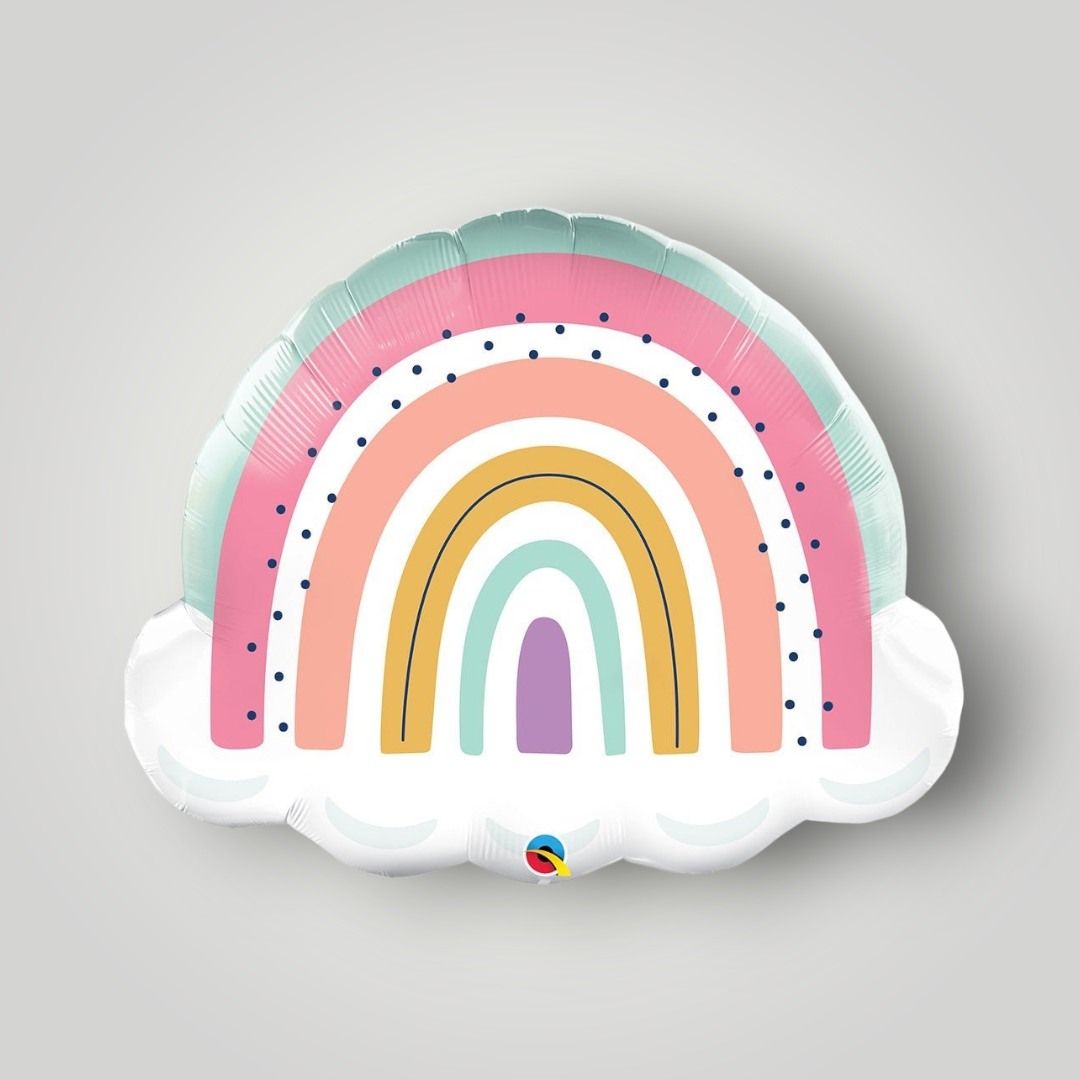 Rainbow foil balloon with pastel arches, mint edges, dotted border, and scalloped base