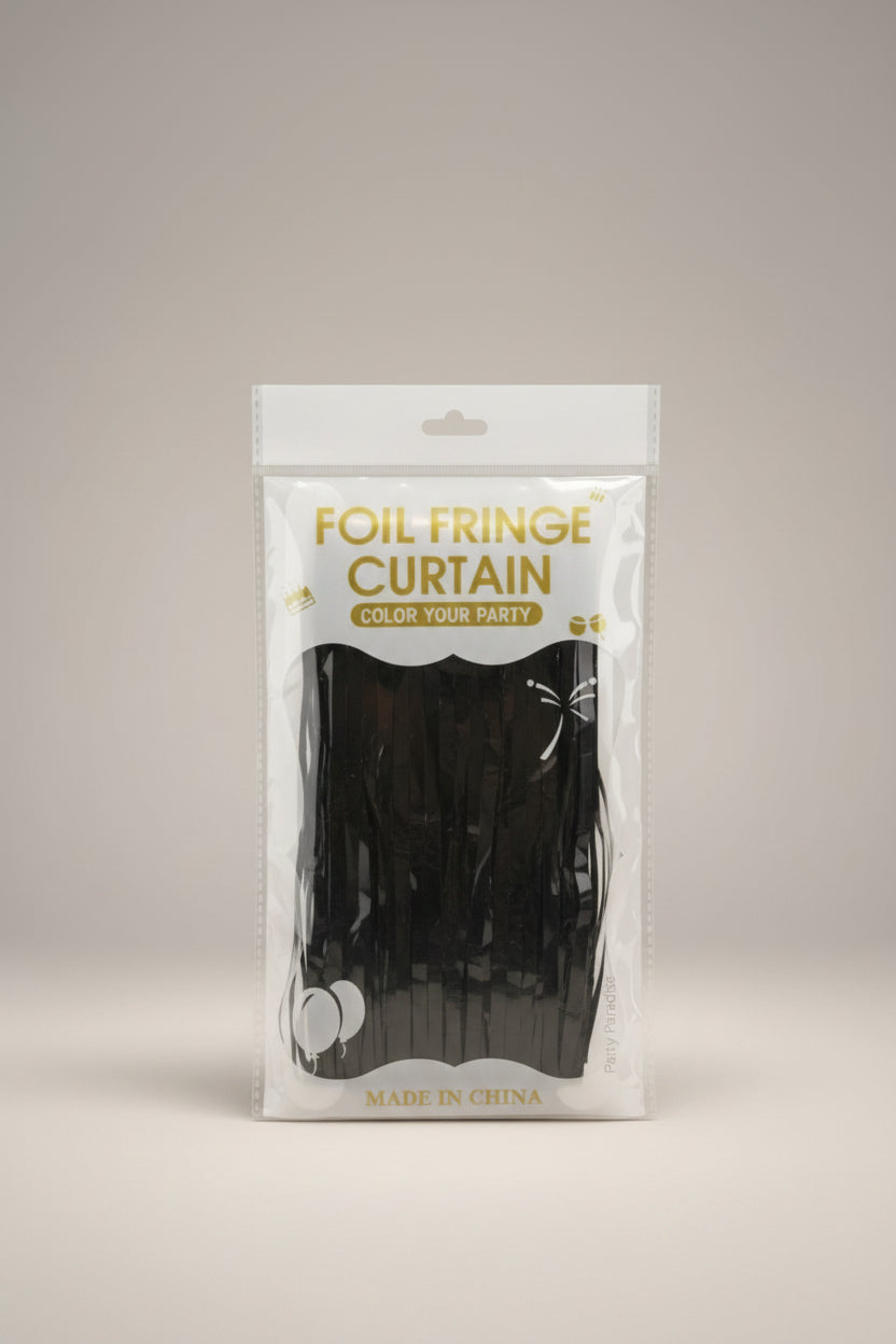 Black metallic foil fringe curtain with hanging strip strands