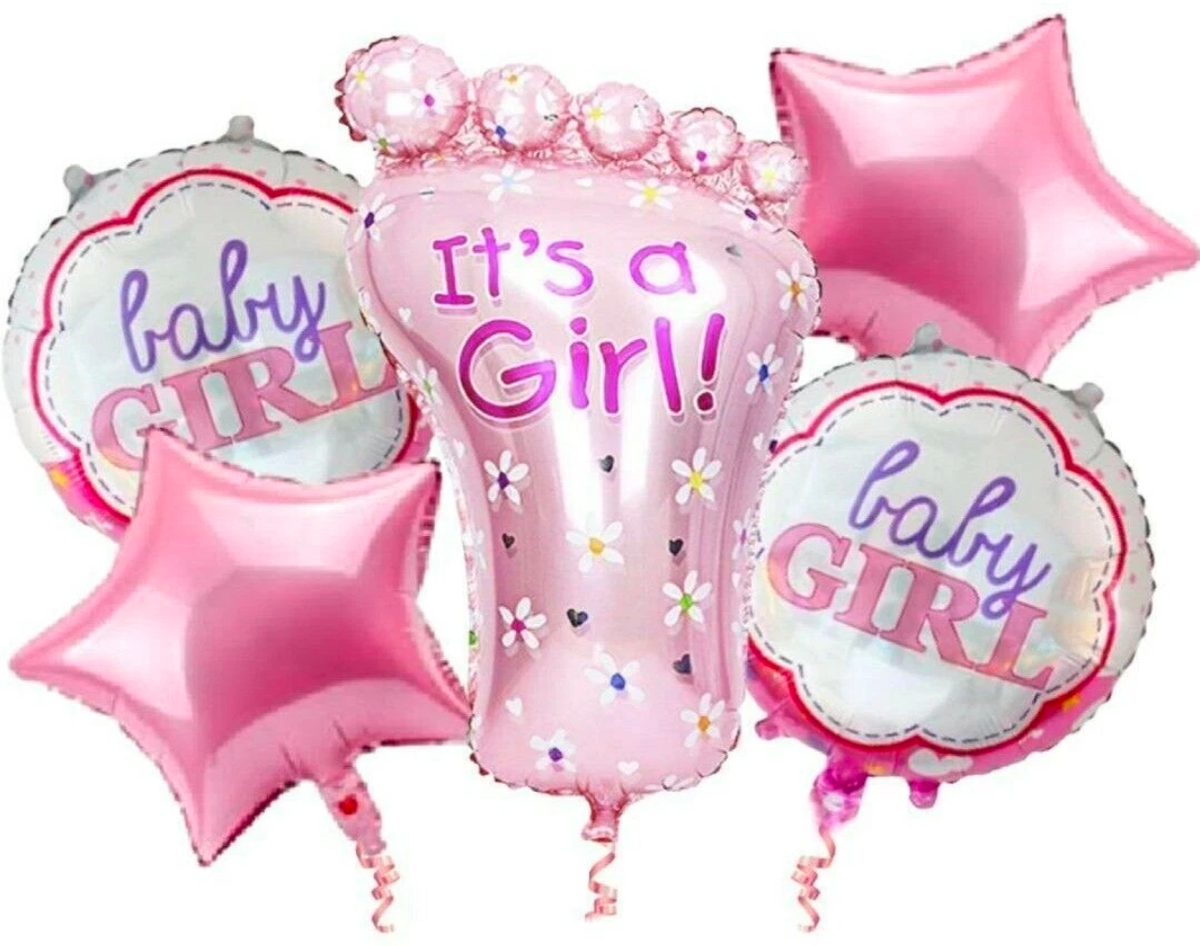 Baby shower girl foil balloon set: "It's a Girl!" and "baby girl" with pink stars
