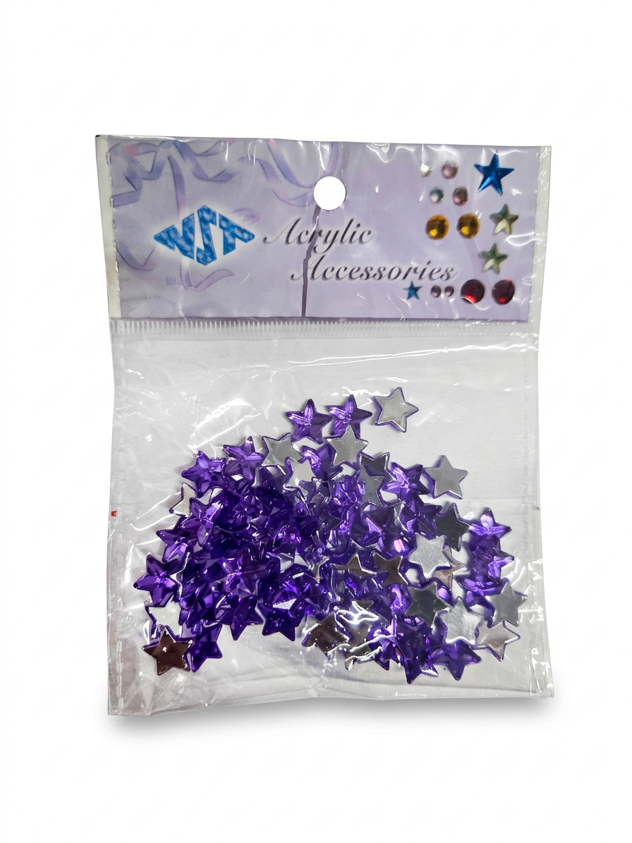 Purple faceted acrylic star embellishments in clear bag, faceted glitter stars (80-pack)