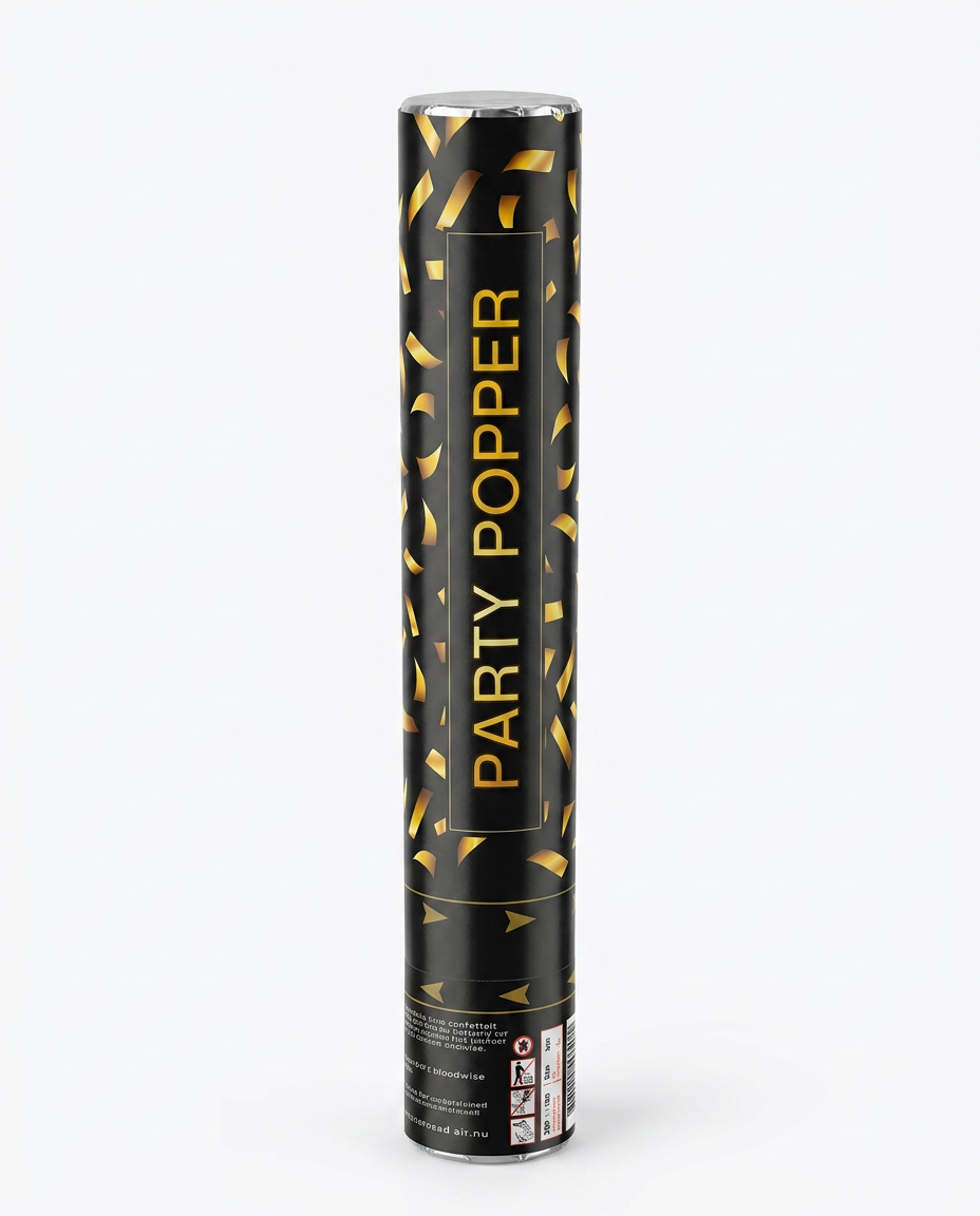 Black and gold party popper confetti cannon with gold pattern and text