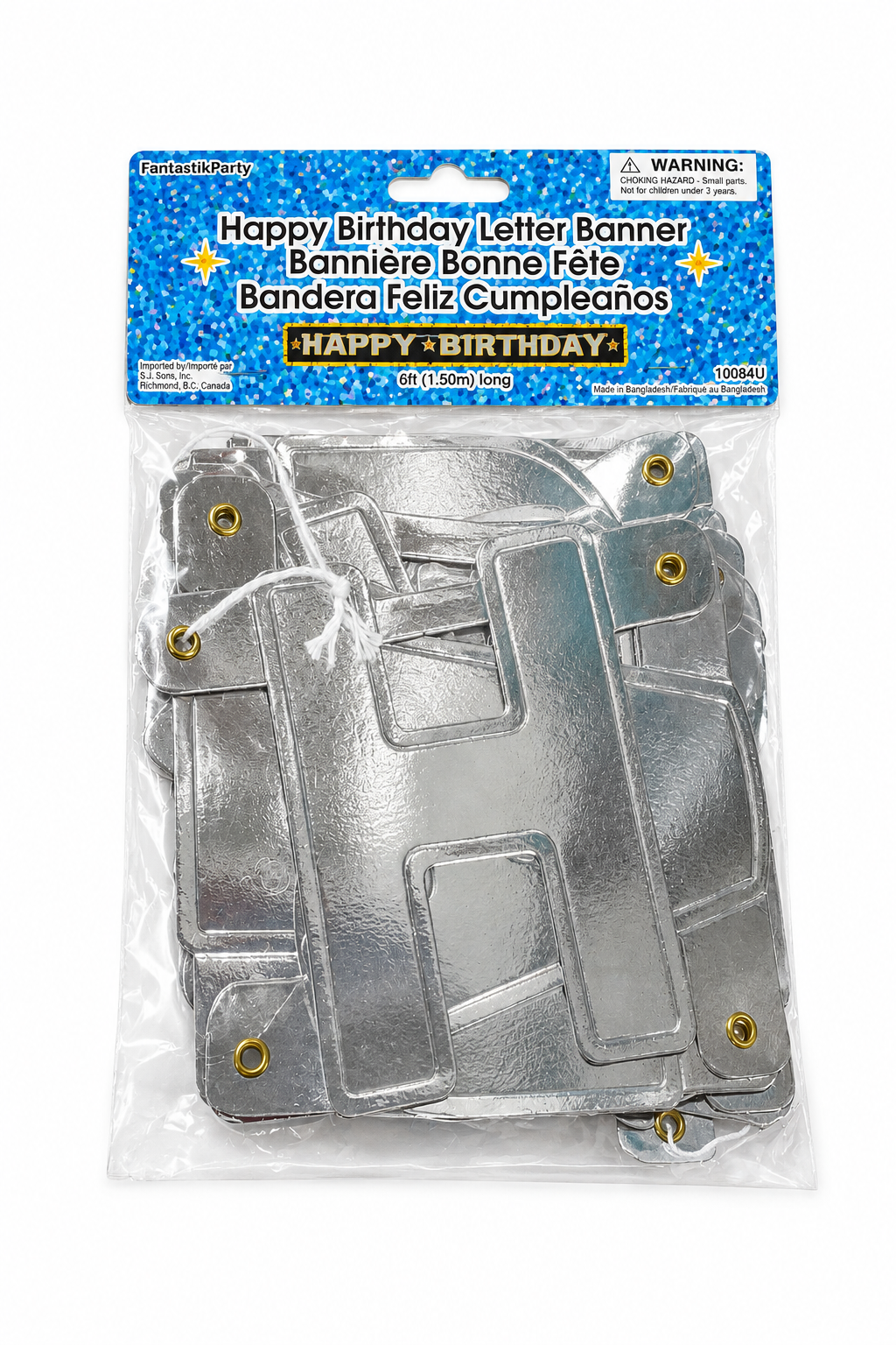 Silver foil Happy Birthday letter banner, 5 ft with hanging grommets