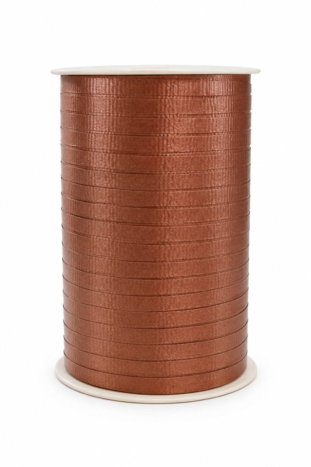 Brown curling ribbon spool with 500-yard coil on a white dispenser core