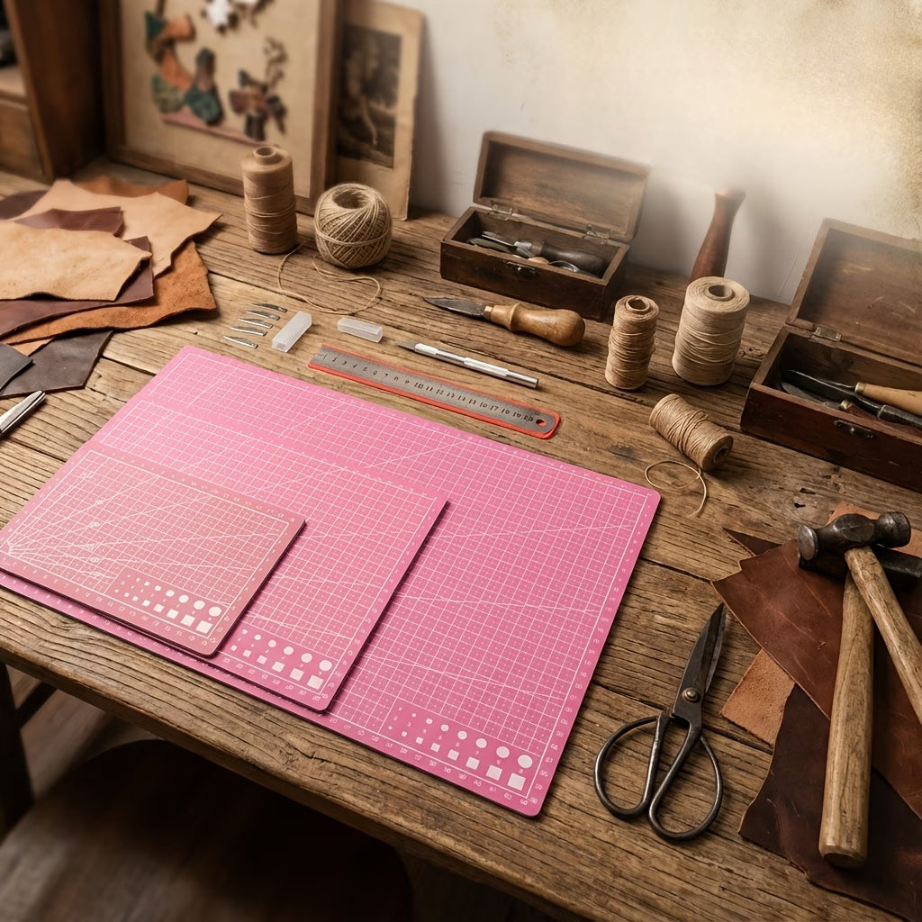 Pink self-healing cutting mat showing straight cut guide lines and squares