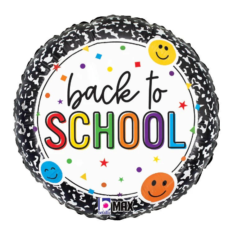 Round black foil balloon with 'back to school' text and smiley icons, 18 in
