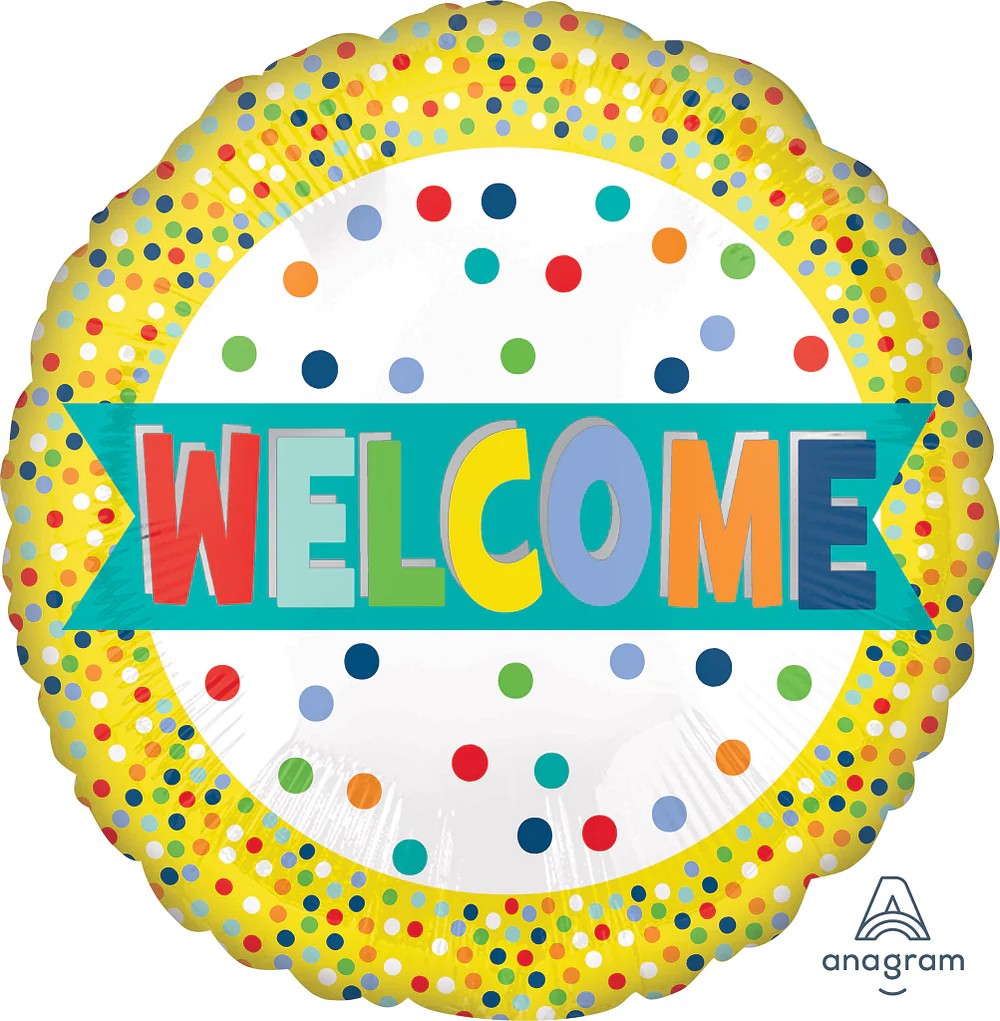 Anagram foil welcome balloon, round scalloped design with multicolor “WELCOME” text